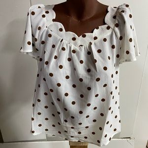 White with brown polka dot Monteau top, size small